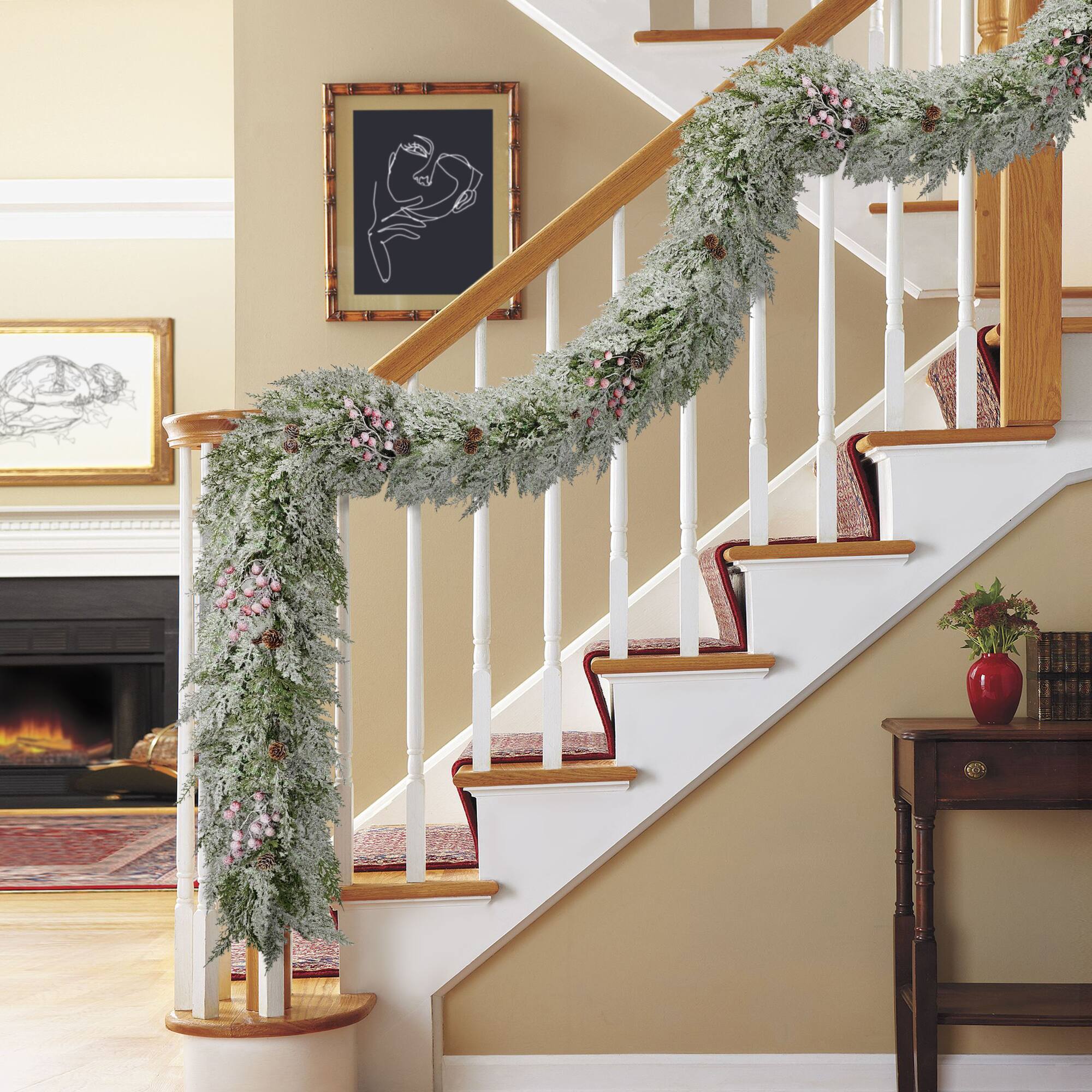 9ft. Artificial Flocked Garland Adorned with Pinecones & Red Berries